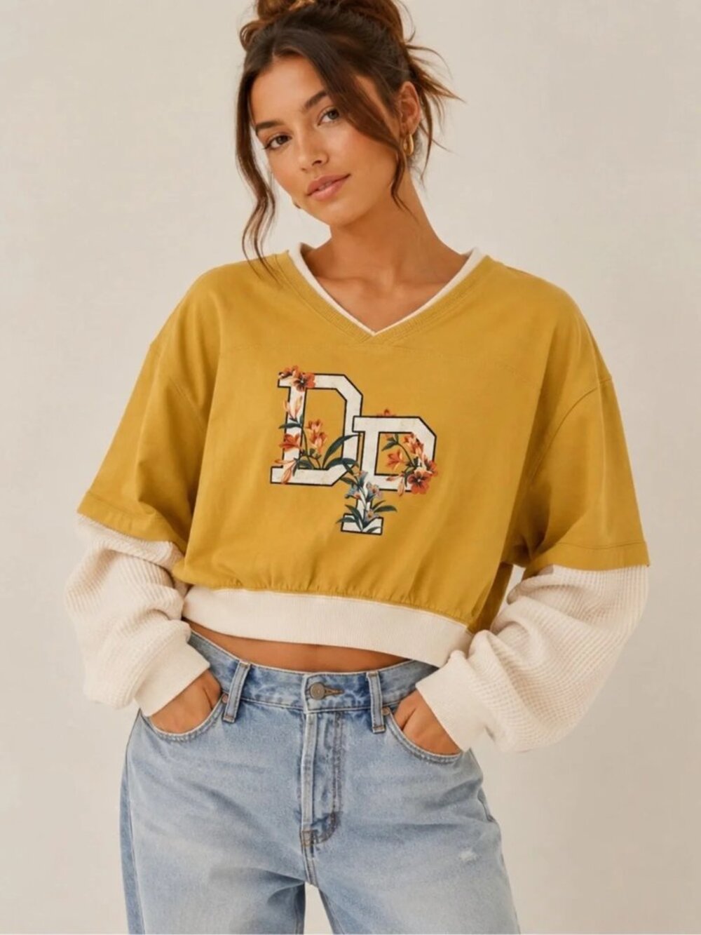 Anthropologie Daily Practice Coin Toss Crop 2-in-1 Layered-look Top Graphic Sz S